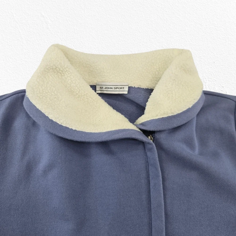 Y2K St John Sport Blue Knit Jacket Shearling Collar Asymmetrical Zip Size Medium - Picture 3 of 11